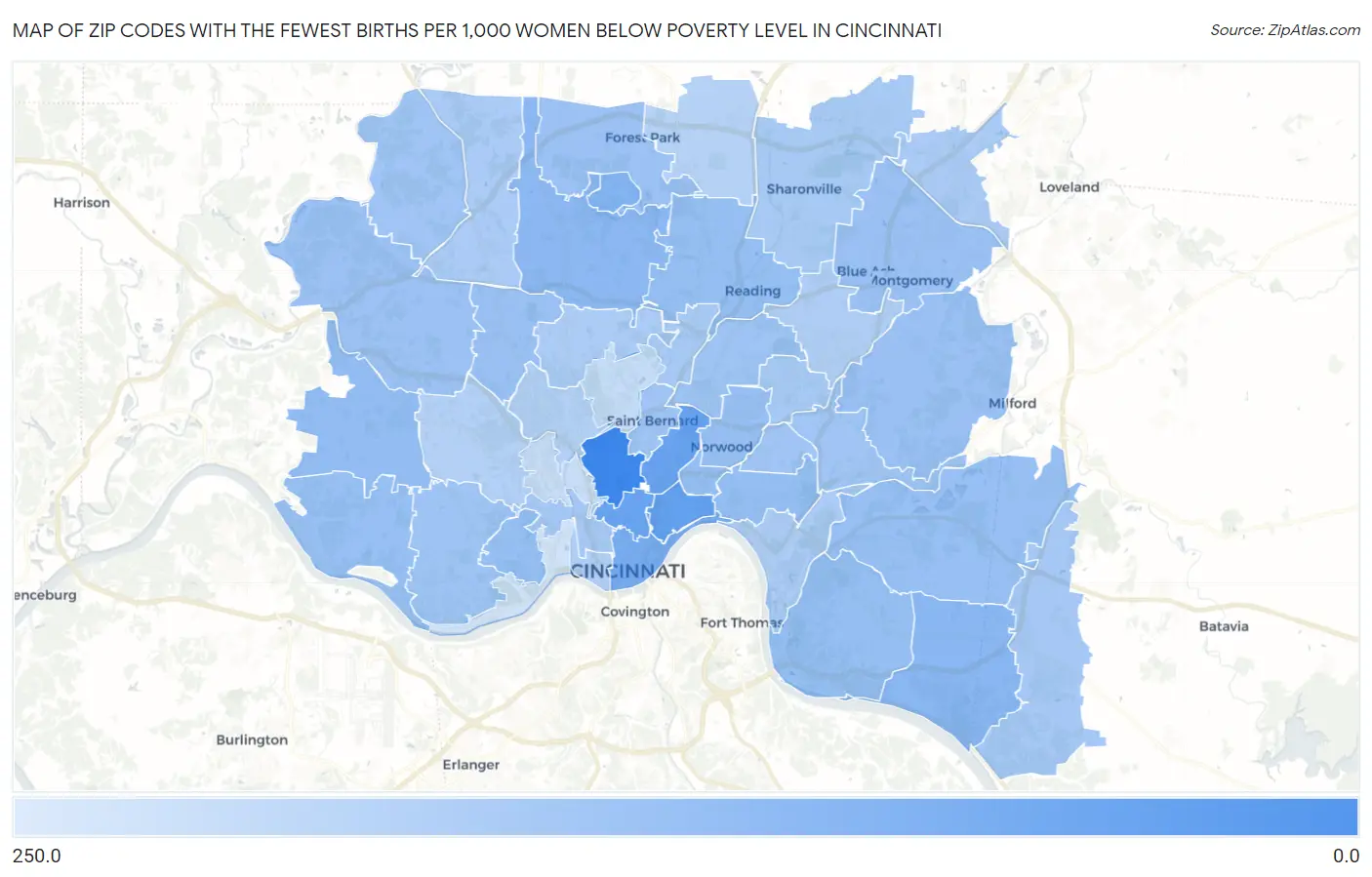 Zip Codes with the Fewest Births per 1,000 Women Below Poverty Level in Cincinnati Map