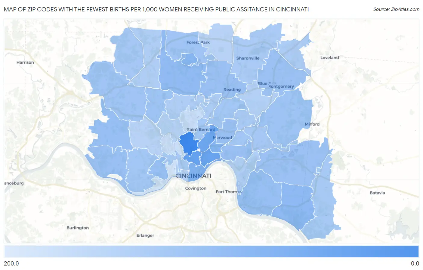 Zip Codes with the Fewest Births per 1,000 Women Receiving Public Assitance in Cincinnati Map