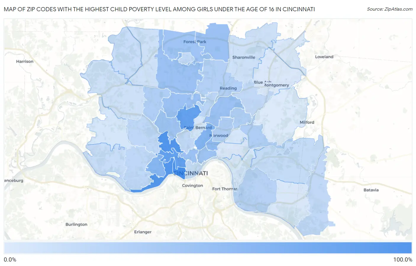 Zip Codes with the Highest Child Poverty Level Among Girls Under the Age of 16 in Cincinnati Map