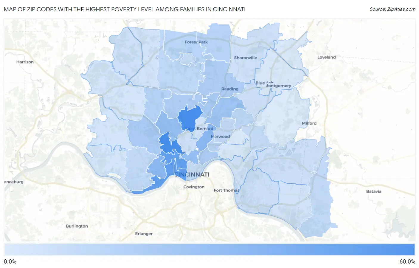 Zip Codes with the Highest Poverty Level Among Families in Cincinnati Map