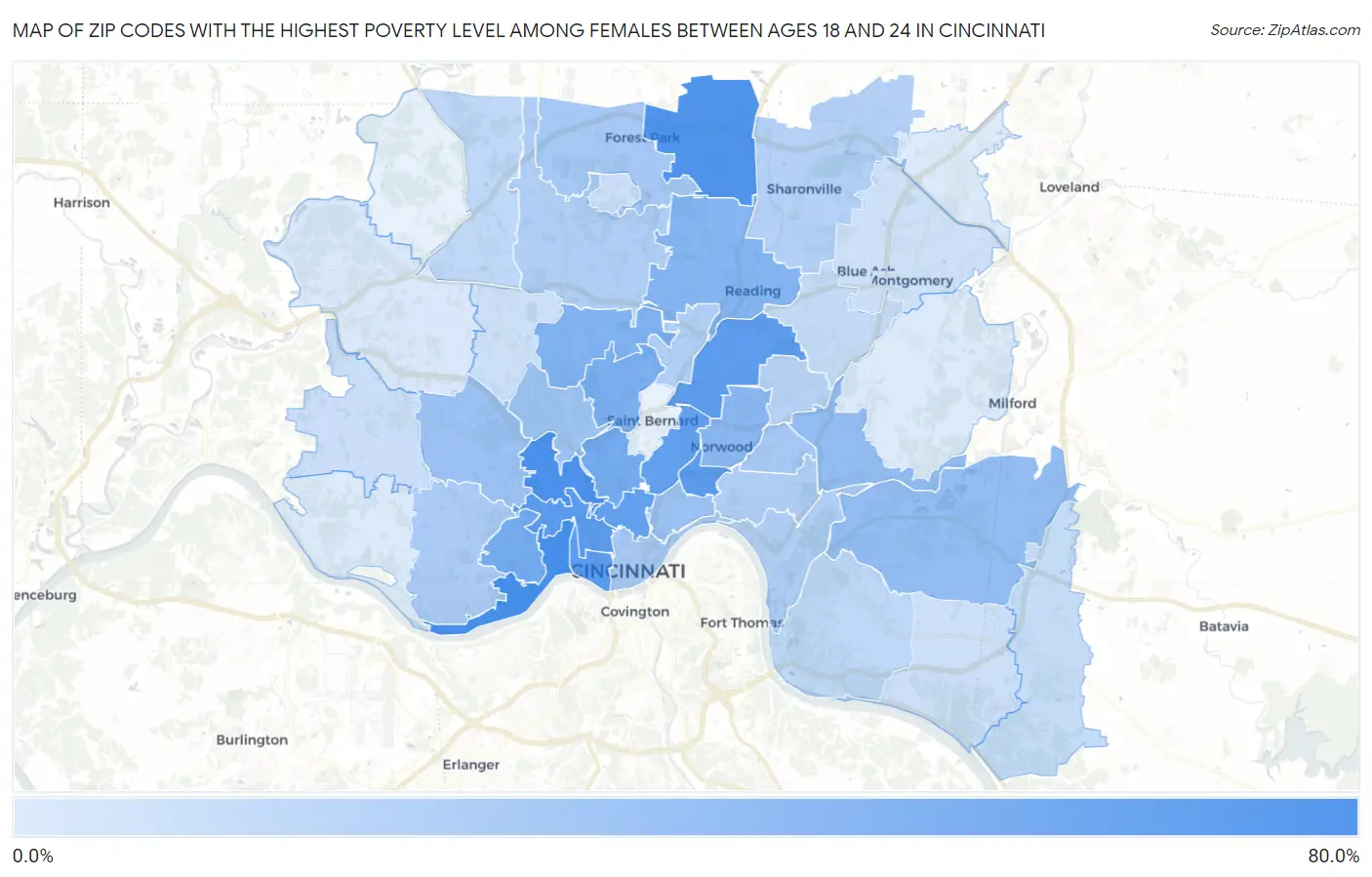 Zip Codes with the Highest Poverty Level Among Females Between Ages 18 and 24 in Cincinnati Map