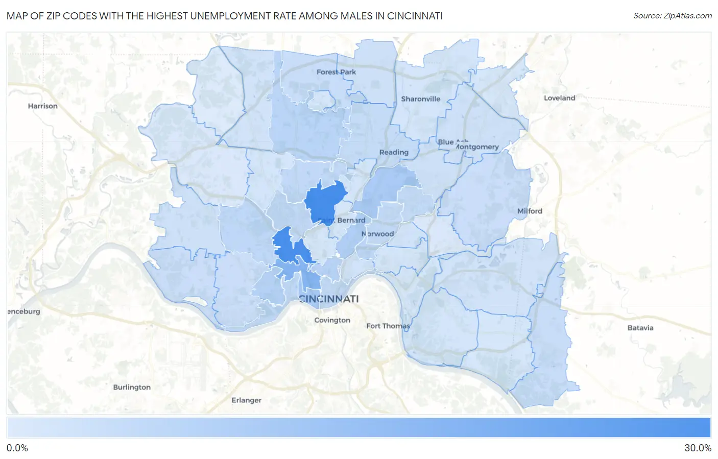 Zip Codes with the Highest Unemployment Rate Among Males in Cincinnati Map