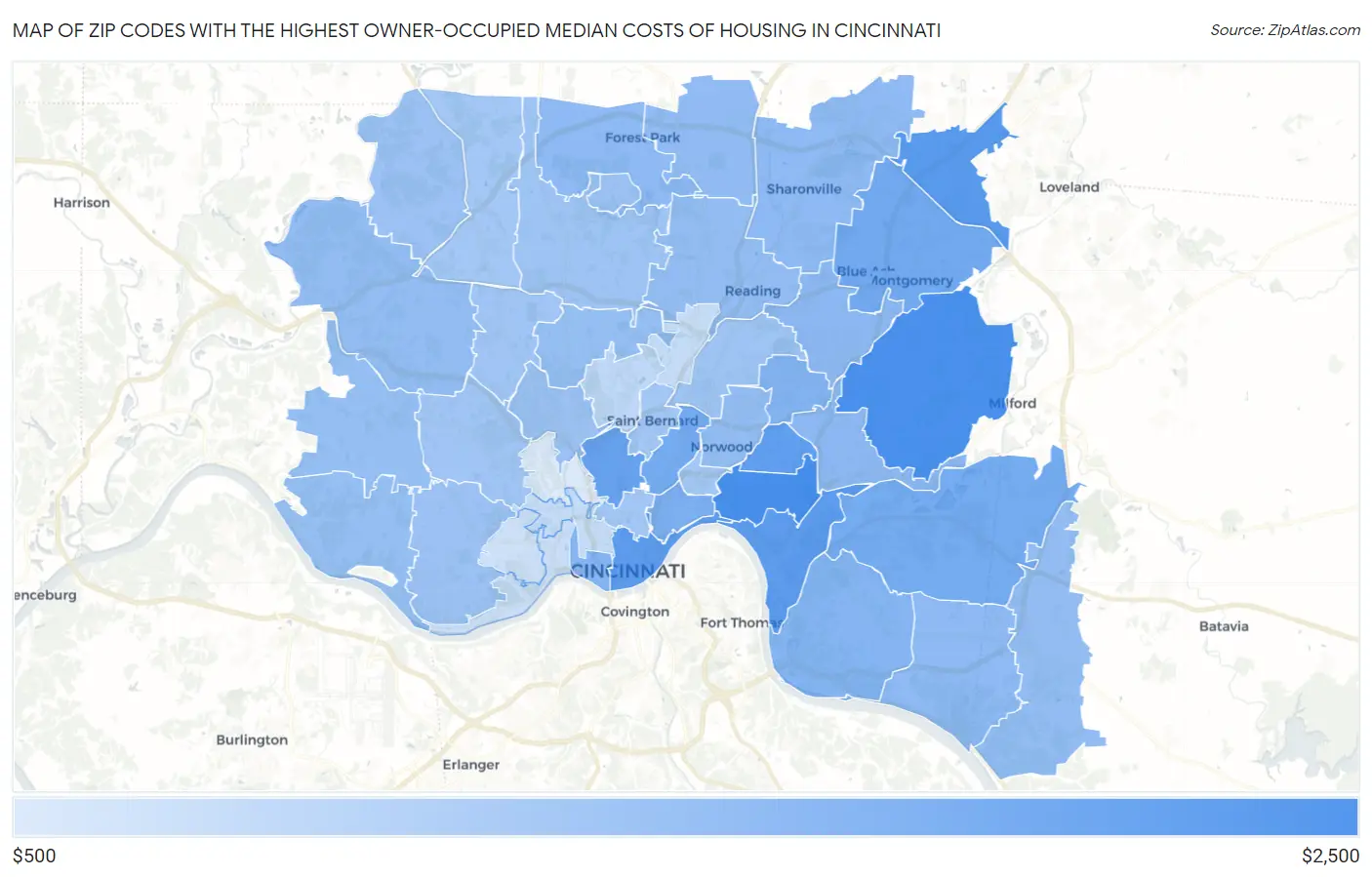 Zip Codes with the Highest Owner-Occupied Median Costs of Housing in Cincinnati Map