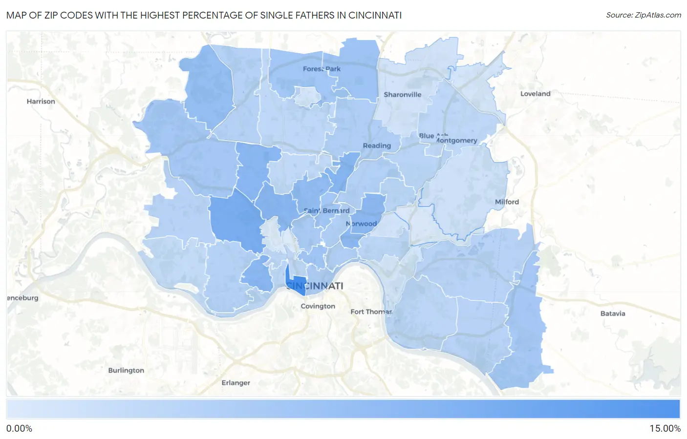 Zip Codes with the Highest Percentage of Single Fathers in Cincinnati Map