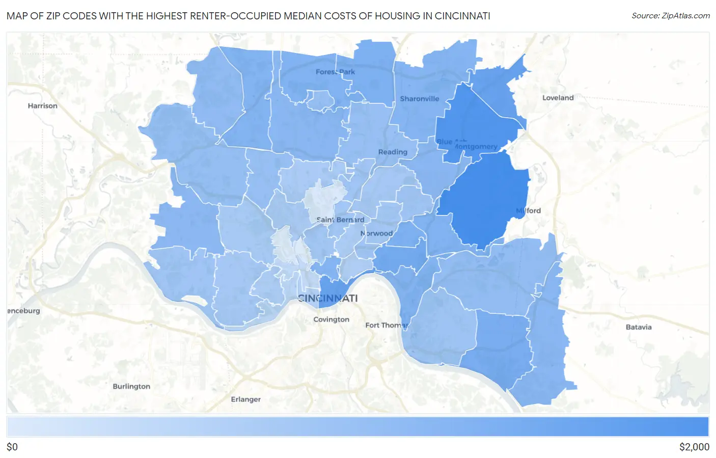 Zip Codes with the Highest Renter-Occupied Median Costs of Housing in Cincinnati Map