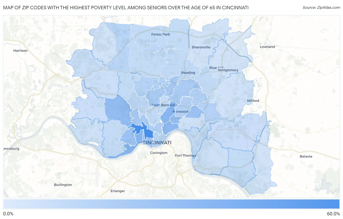 Zip Codes with the Highest Poverty Level Among Seniors Over the Age of 65 in Cincinnati Map