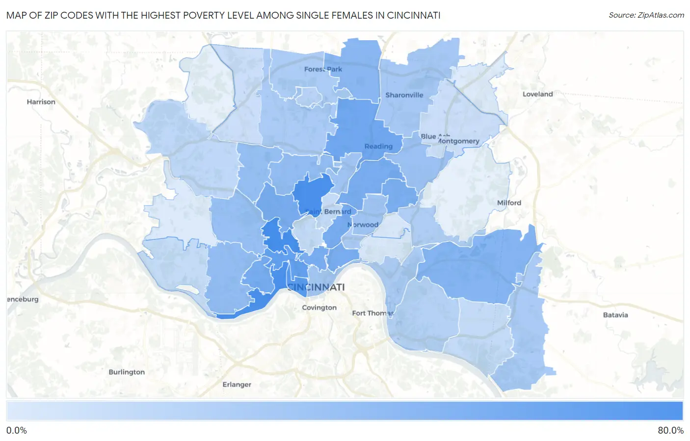 Zip Codes with the Highest Poverty Level Among Single Females in Cincinnati Map