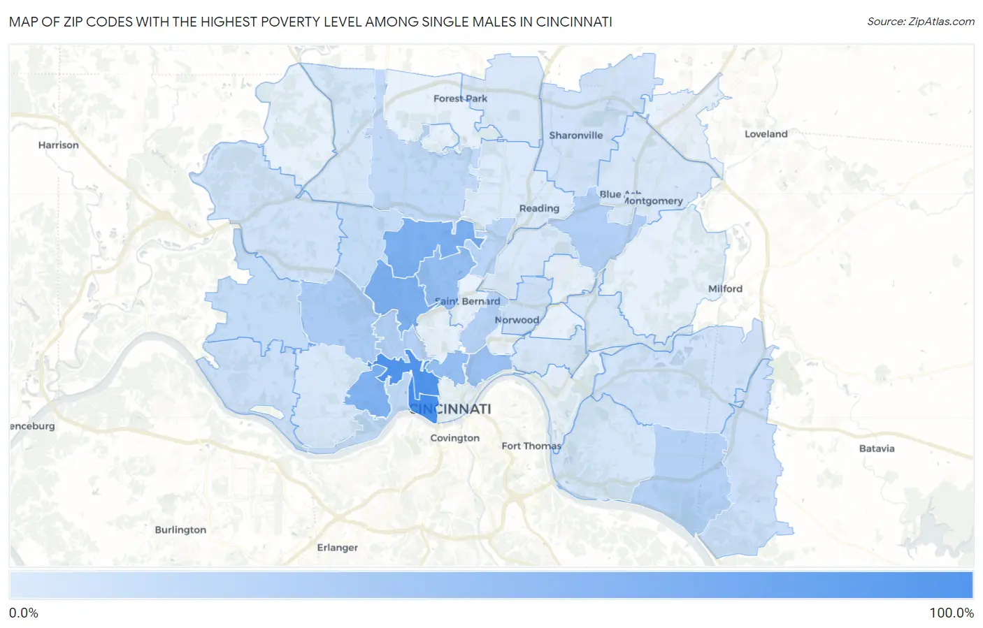 Zip Codes with the Highest Poverty Level Among Single Males in Cincinnati Map