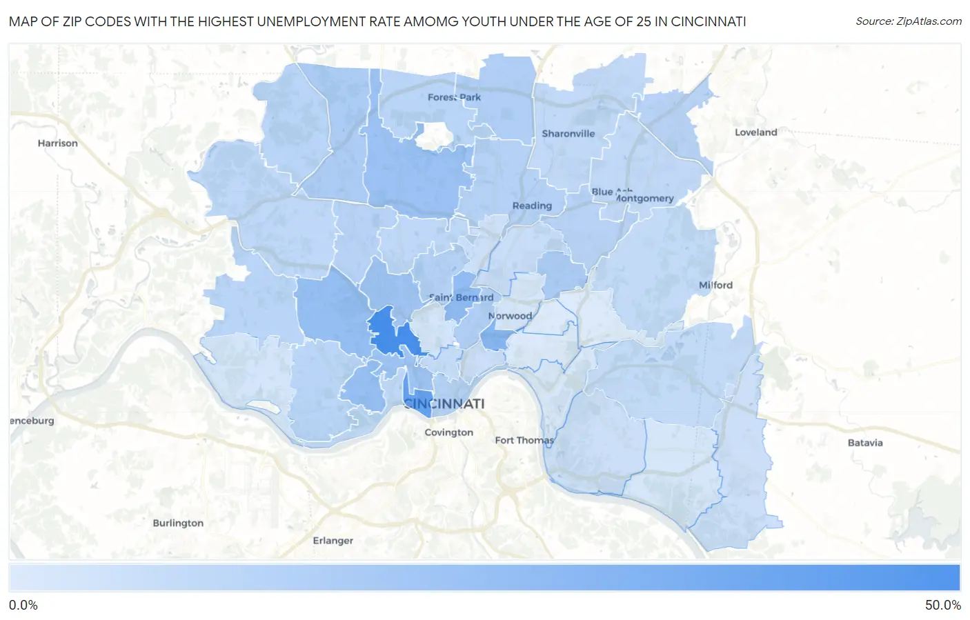 Zip Codes with the Highest Unemployment Rate Amomg Youth Under the Age of 25 in Cincinnati Map