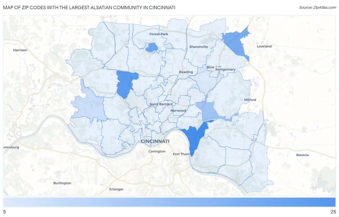 Zip Codes with the Largest Alsatian Community in Cincinnati Map