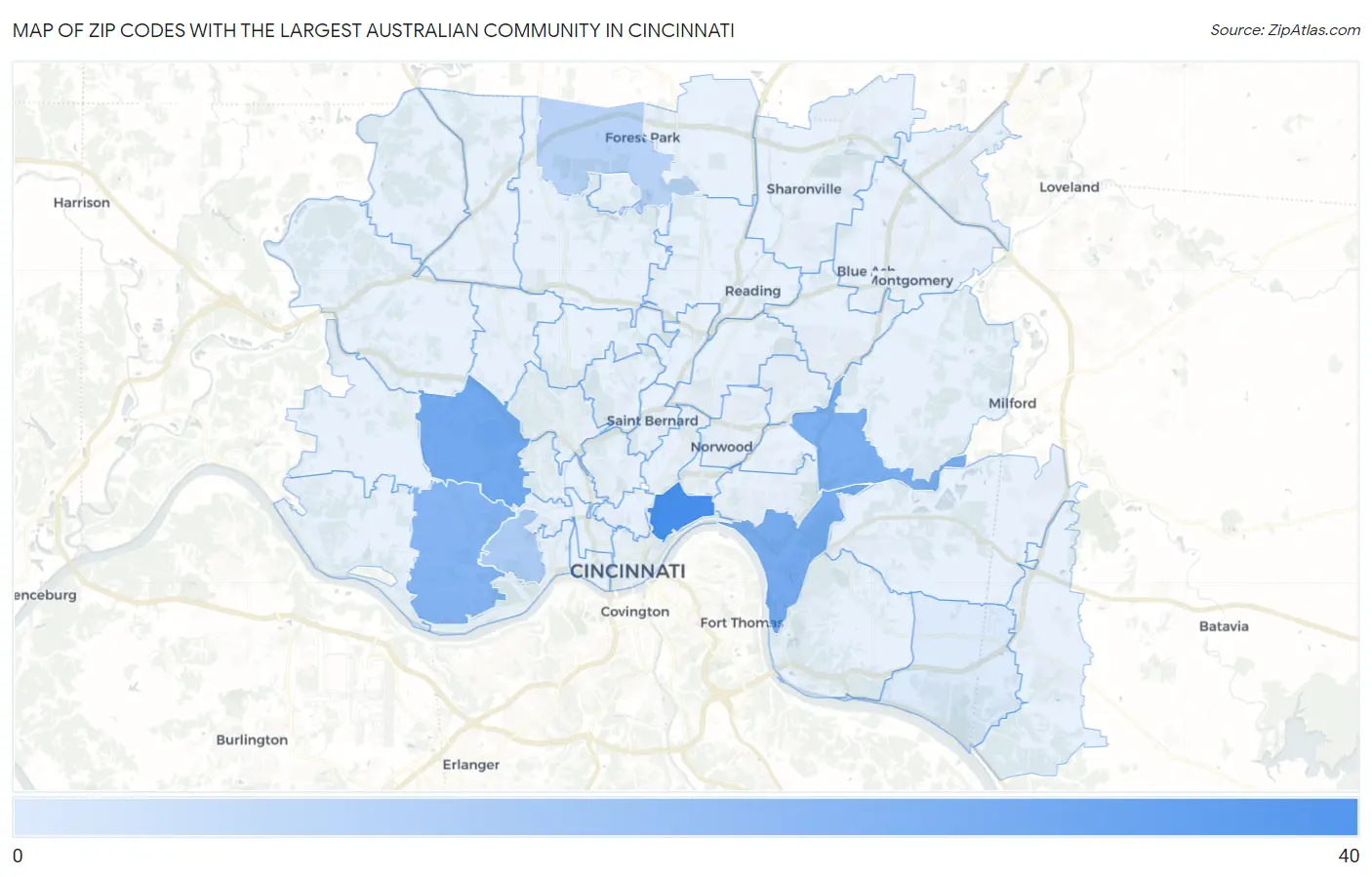 Zip Codes with the Largest Australian Community in Cincinnati Map