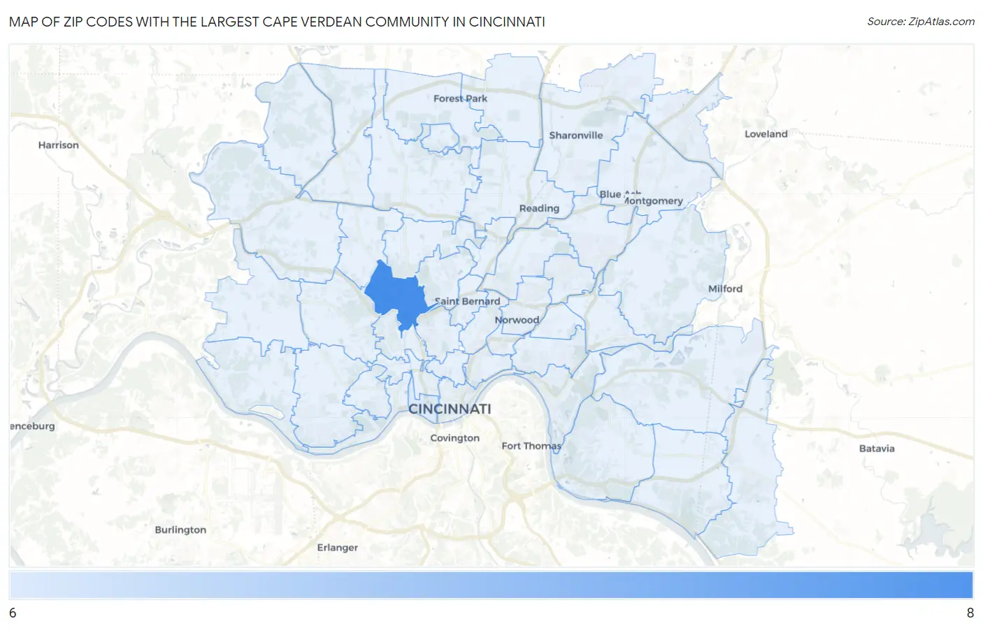 Zip Codes with the Largest Cape Verdean Community in Cincinnati Map