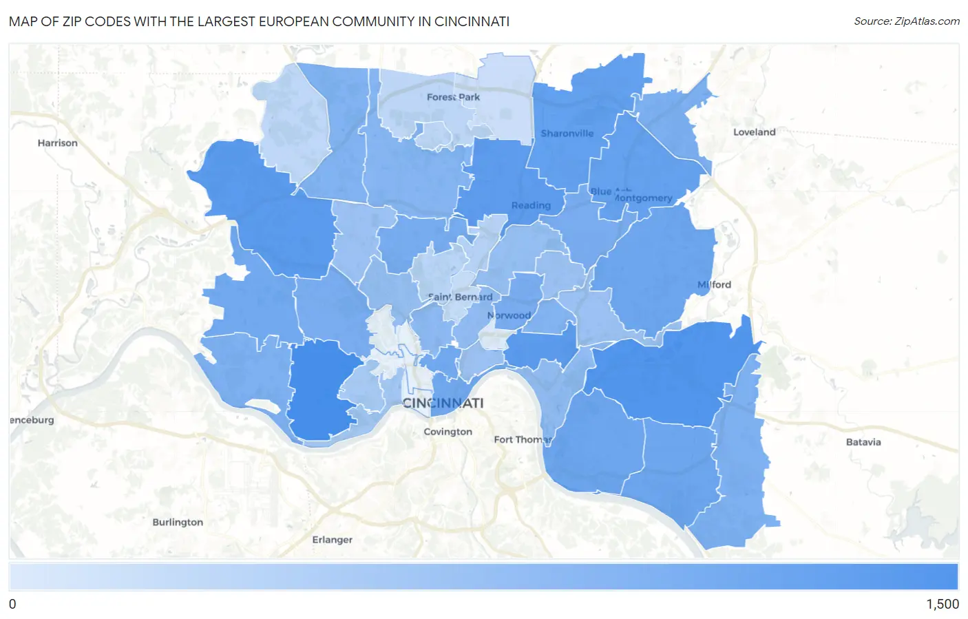 Zip Codes with the Largest European Community in Cincinnati Map