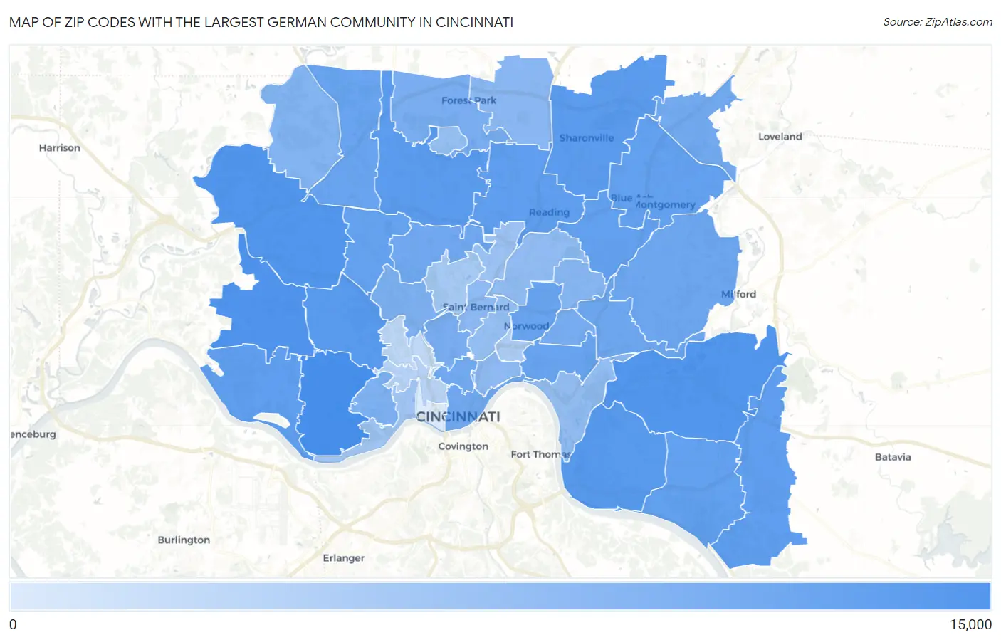 Zip Codes with the Largest German Community in Cincinnati Map