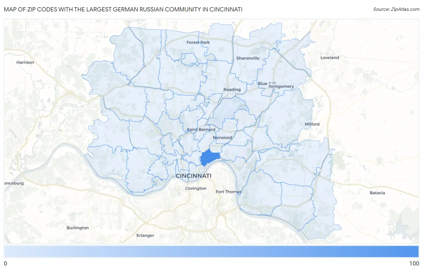 Zip Codes with the Largest German Russian Community in Cincinnati Map