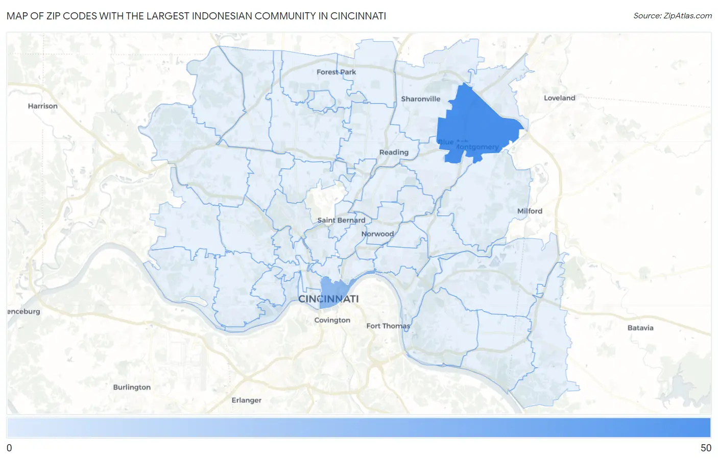 Zip Codes with the Largest Indonesian Community in Cincinnati Map