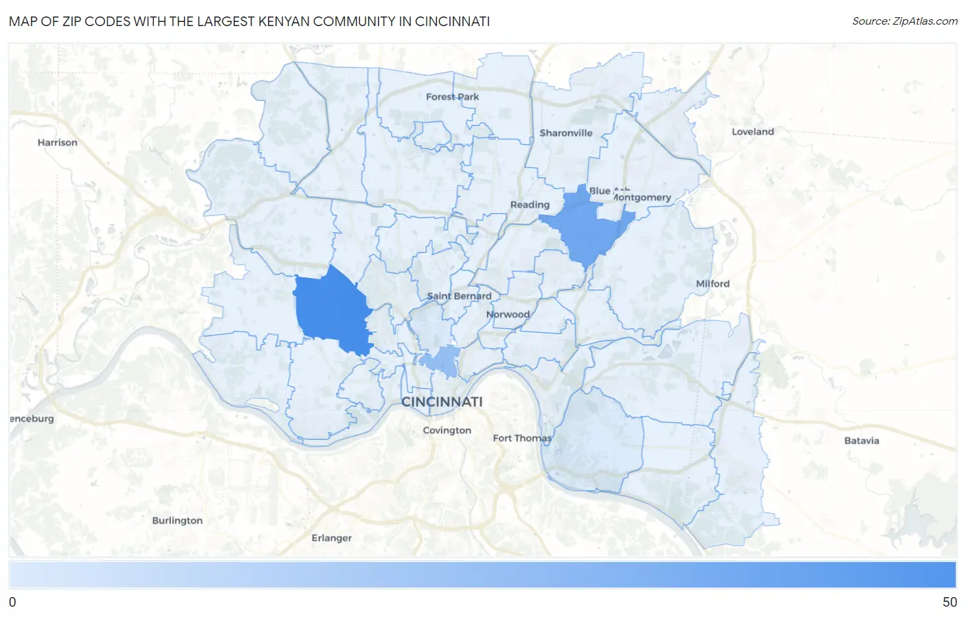 Zip Codes with the Largest Kenyan Community in Cincinnati Map