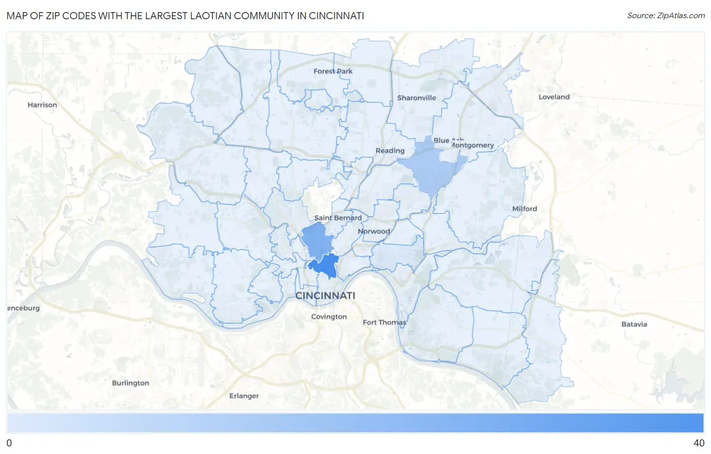 Zip Codes with the Largest Laotian Community in Cincinnati Map