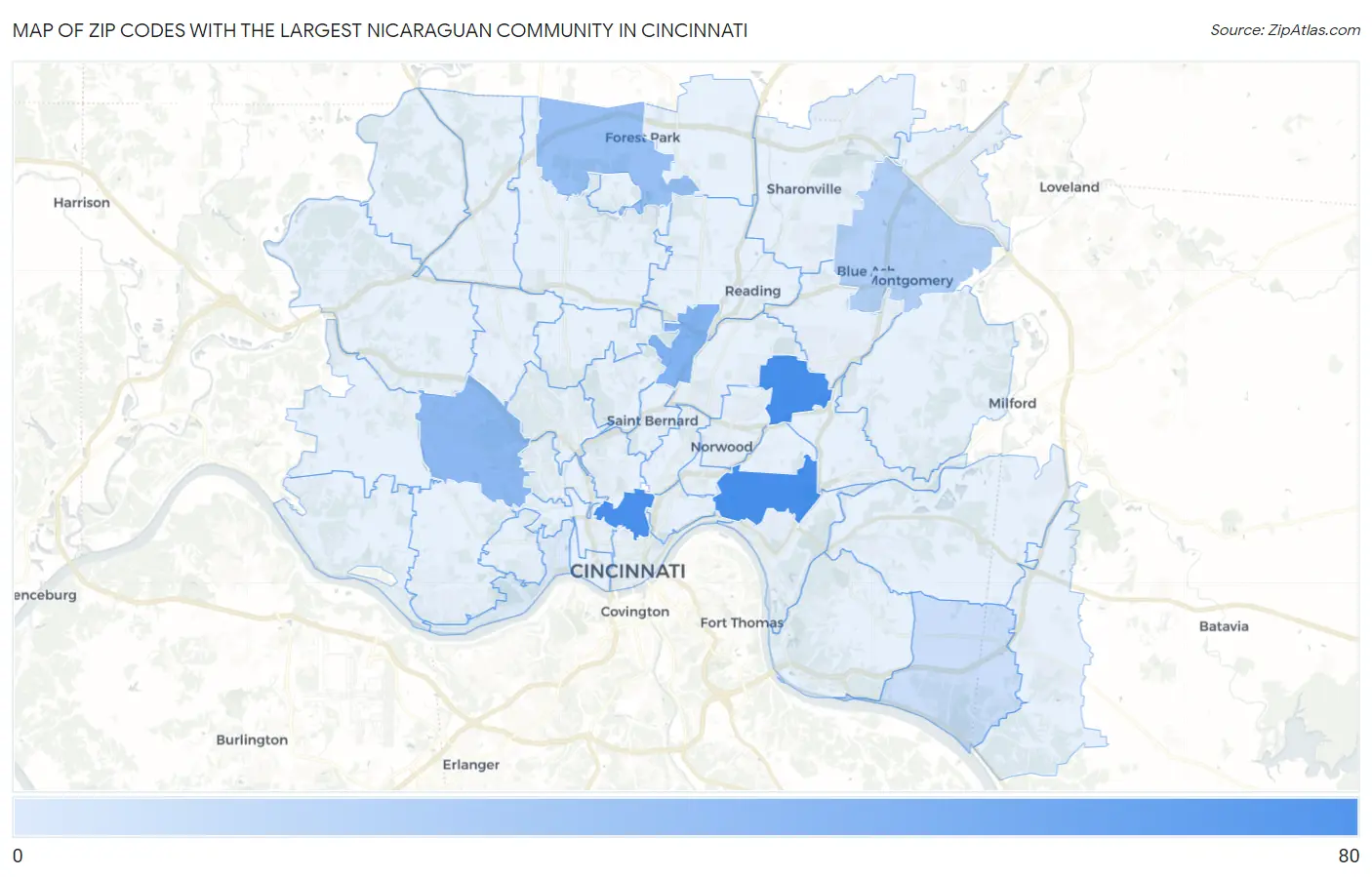 Zip Codes with the Largest Nicaraguan Community in Cincinnati Map