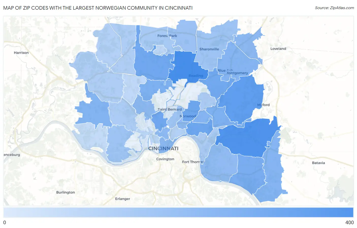 Zip Codes with the Largest Norwegian Community in Cincinnati Map
