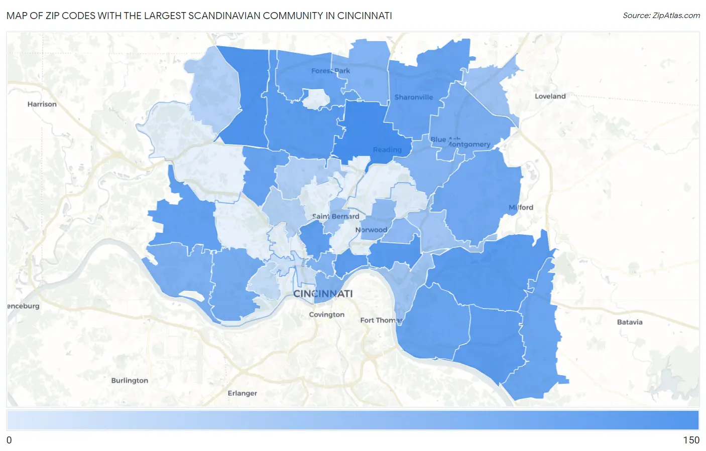 Zip Codes with the Largest Scandinavian Community in Cincinnati Map
