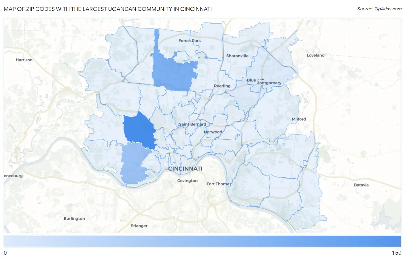 Zip Codes with the Largest Ugandan Community in Cincinnati Map