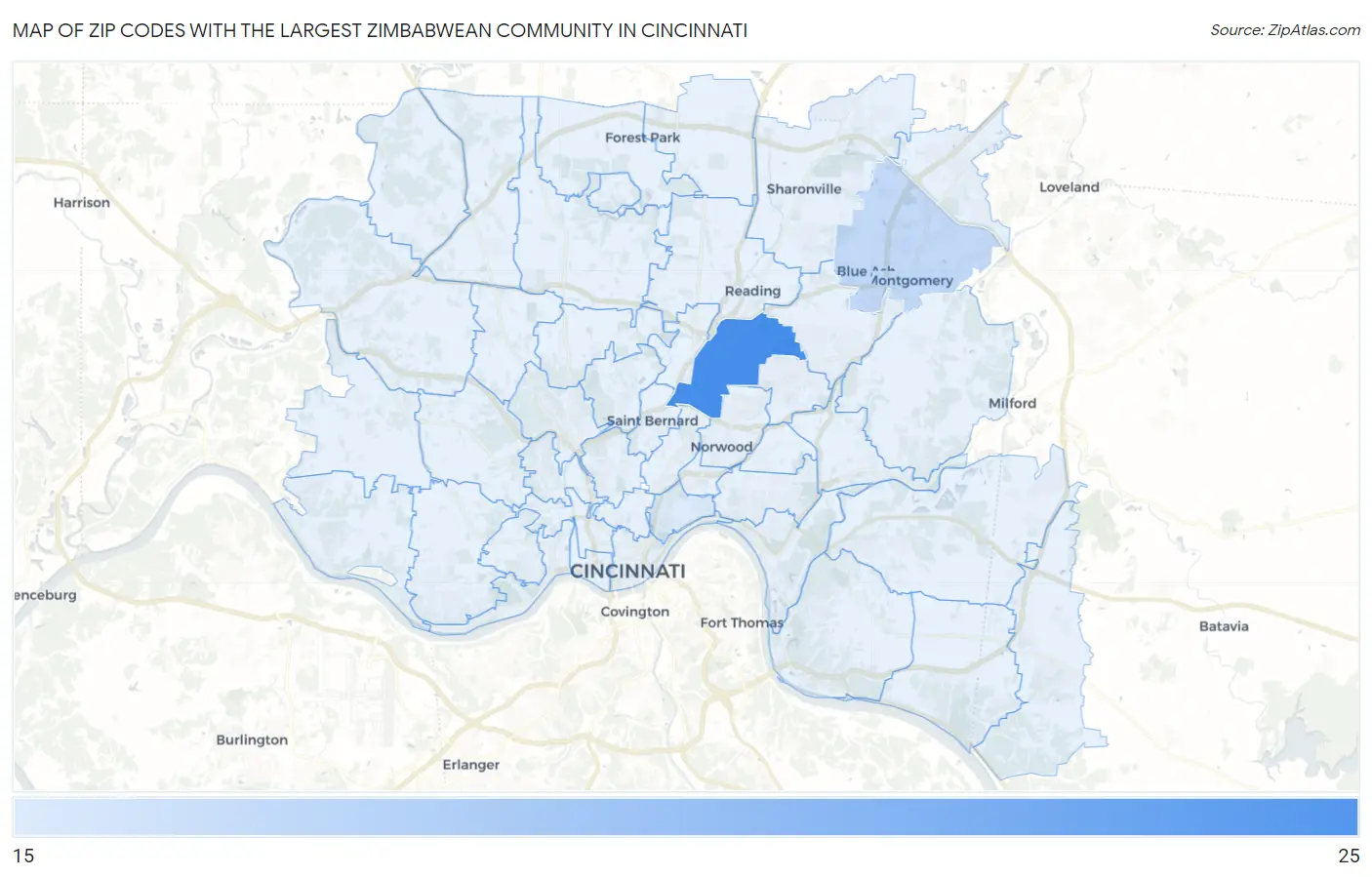 Zip Codes with the Largest Zimbabwean Community in Cincinnati Map