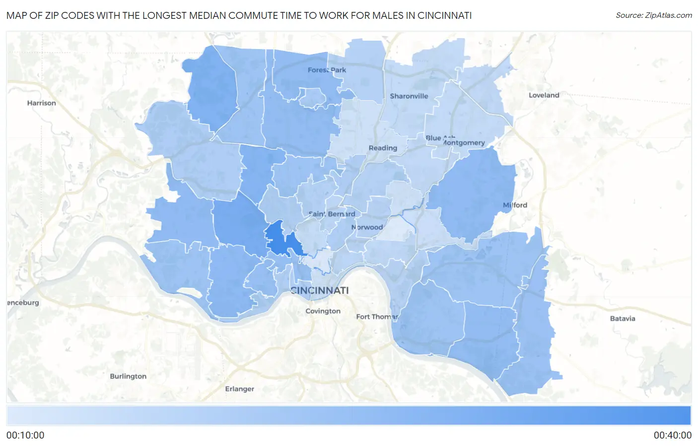 Zip Codes with the Longest Median Commute Time to Work for Males in Cincinnati Map