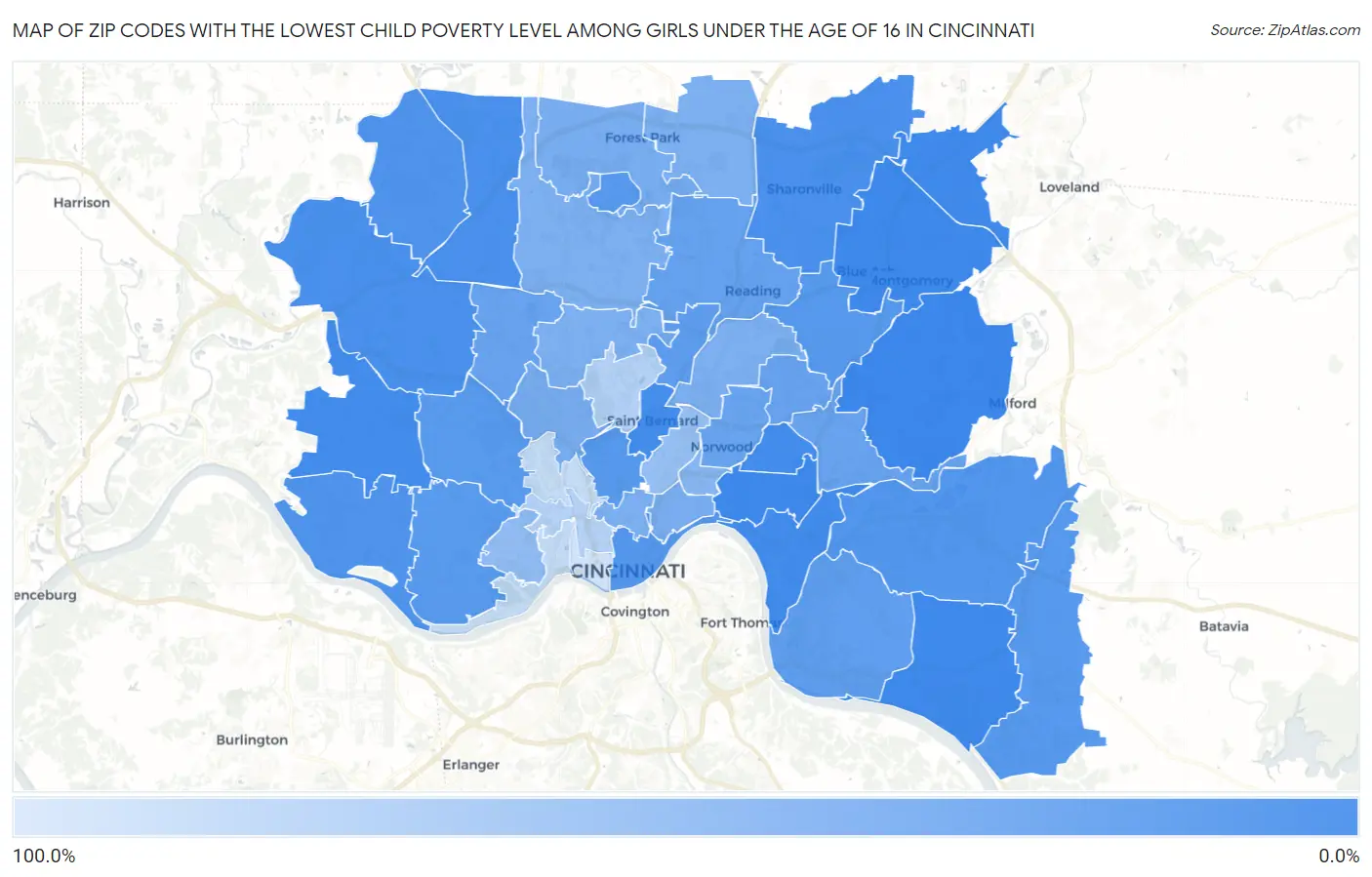 Zip Codes with the Lowest Child Poverty Level Among Girls Under the Age of 16 in Cincinnati Map