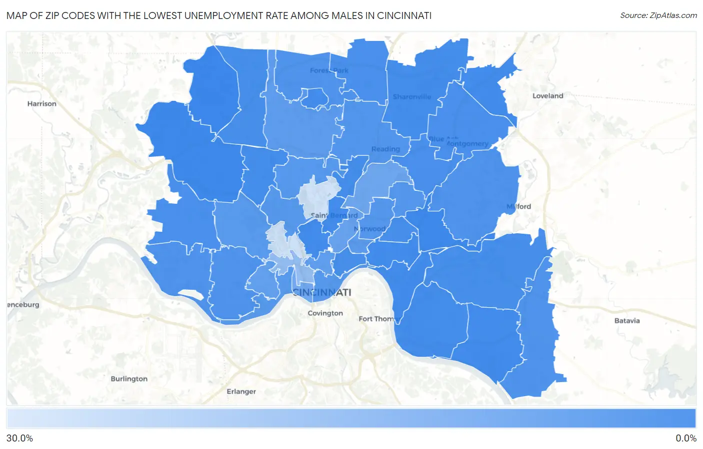 Zip Codes with the Lowest Unemployment Rate Among Males in Cincinnati Map
