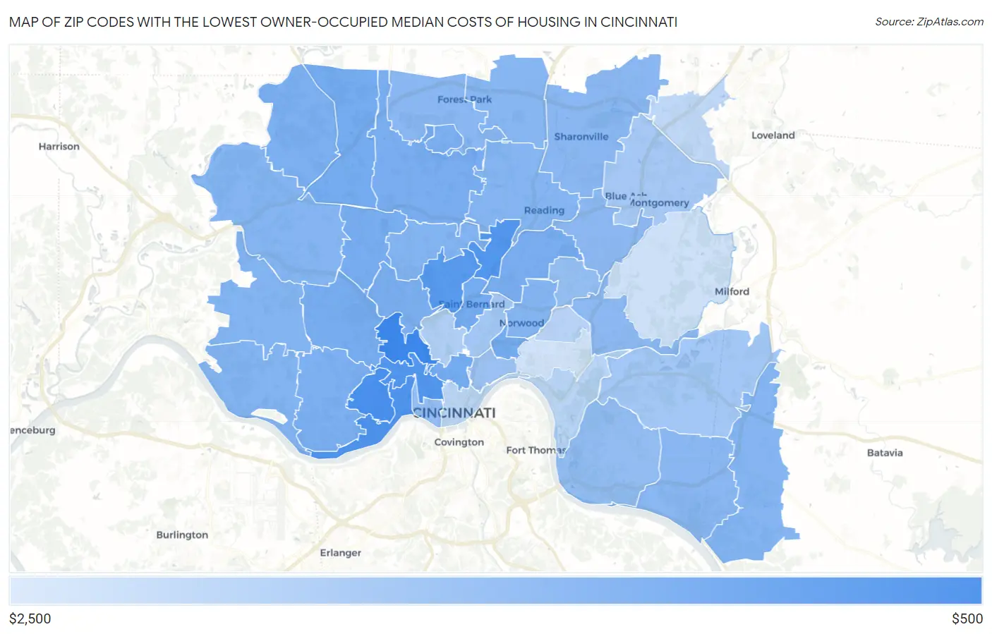 Zip Codes with the Lowest Owner-Occupied Median Costs of Housing in Cincinnati Map