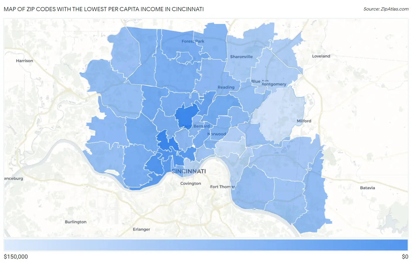 Zip Codes with the Lowest Per Capita Income in Cincinnati Map