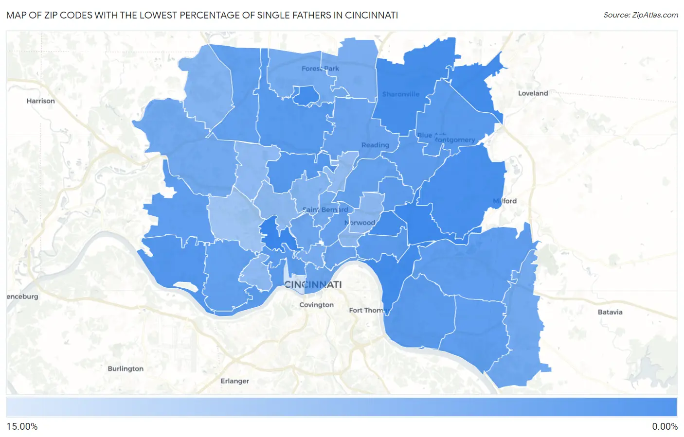 Zip Codes with the Lowest Percentage of Single Fathers in Cincinnati Map