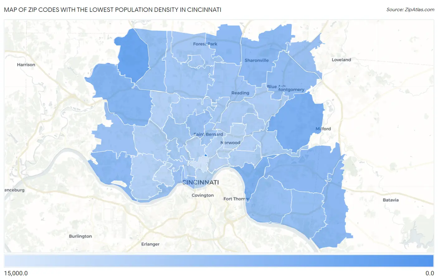 Zip Codes with the Lowest Population Density in Cincinnati Map