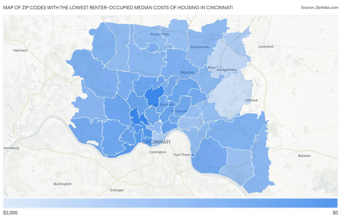 Zip Codes with the Lowest Renter-Occupied Median Costs of Housing in Cincinnati Map