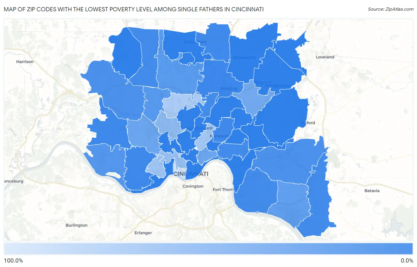 Zip Codes with the Lowest Poverty Level Among Single Fathers in Cincinnati Map