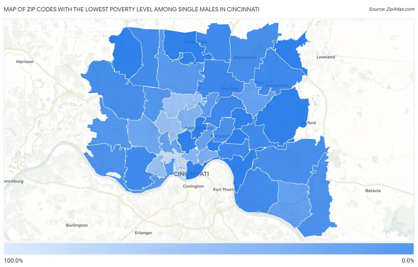 Zip Codes with the Lowest Poverty Level Among Single Males in Cincinnati Map