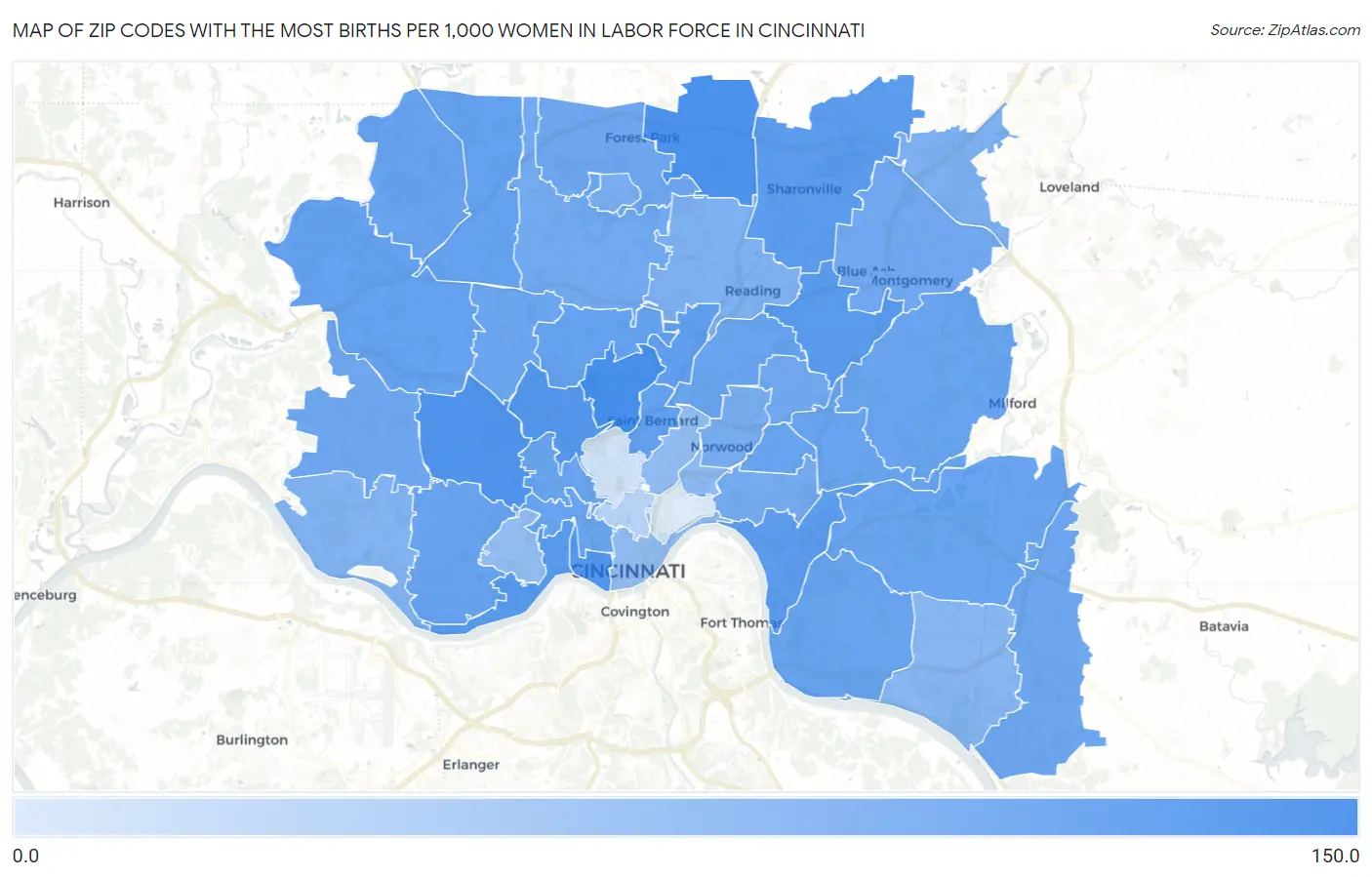 Zip Codes with the Most Births per 1,000 Women in Labor Force in Cincinnati Map