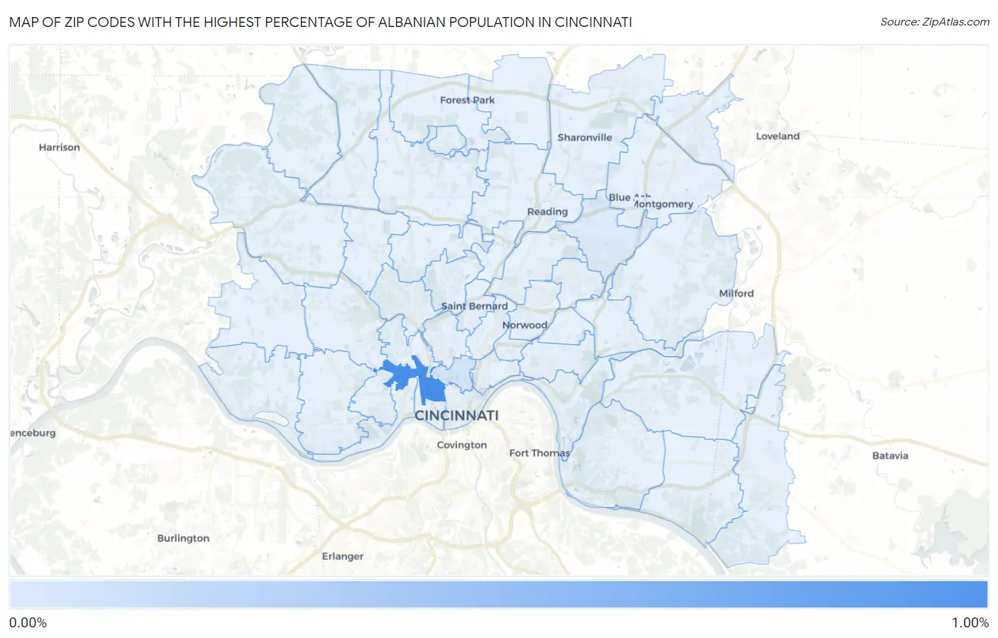 Zip Codes with the Highest Percentage of Albanian Population in Cincinnati Map
