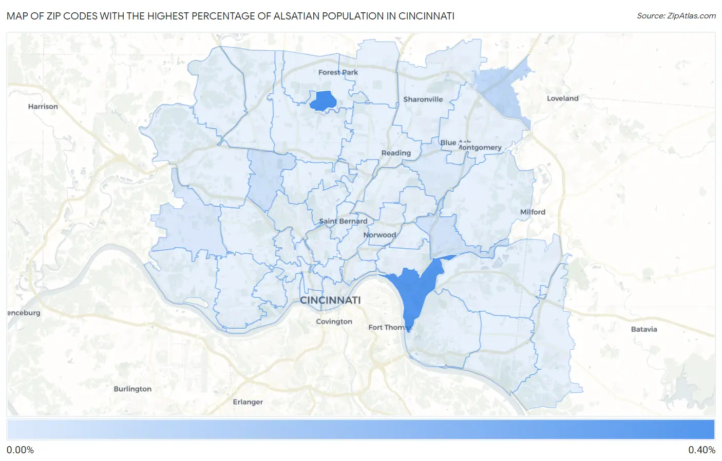 Zip Codes with the Highest Percentage of Alsatian Population in Cincinnati Map