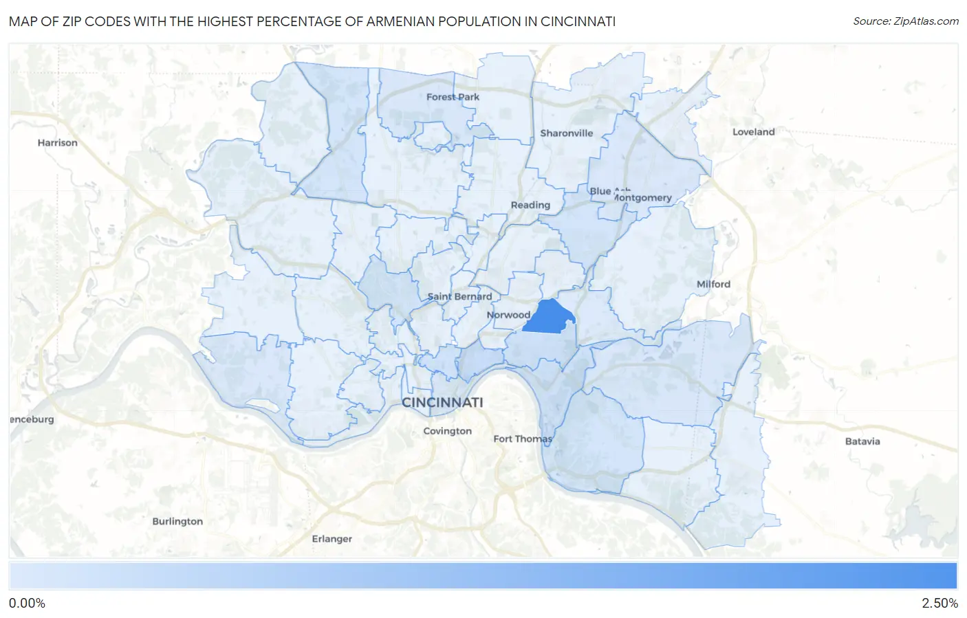 Zip Codes with the Highest Percentage of Armenian Population in Cincinnati Map