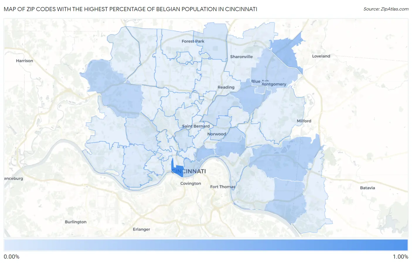 Zip Codes with the Highest Percentage of Belgian Population in Cincinnati Map