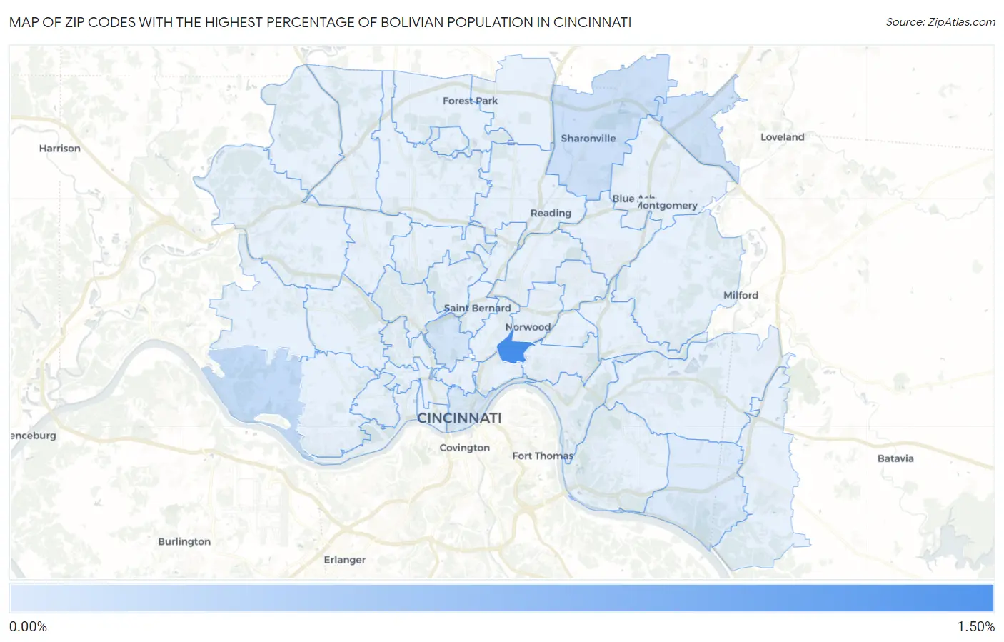 Zip Codes with the Highest Percentage of Bolivian Population in Cincinnati Map