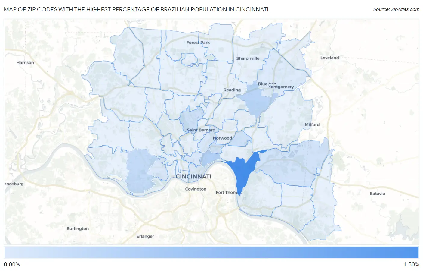 Zip Codes with the Highest Percentage of Brazilian Population in Cincinnati Map