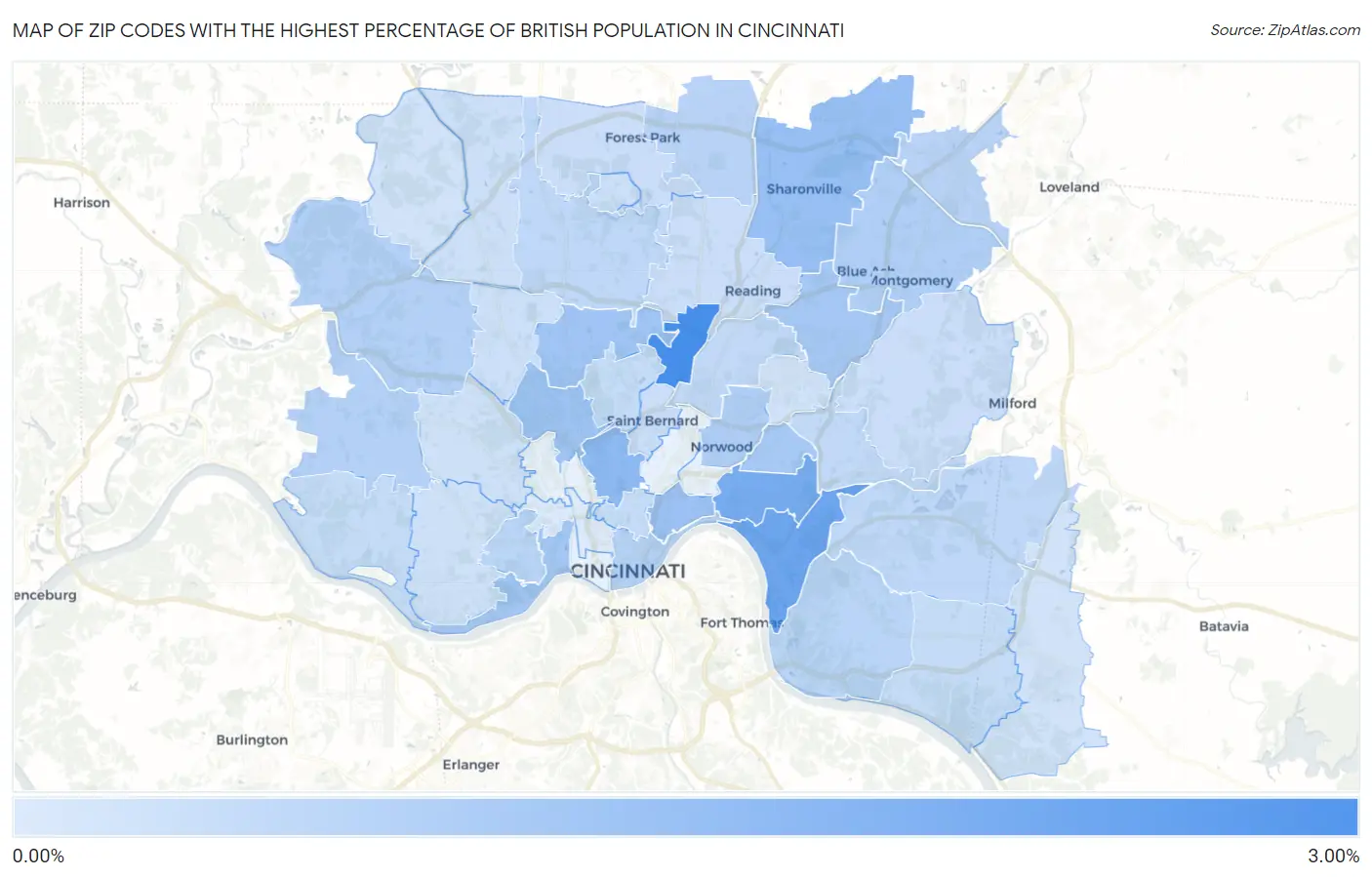 Zip Codes with the Highest Percentage of British Population in Cincinnati Map