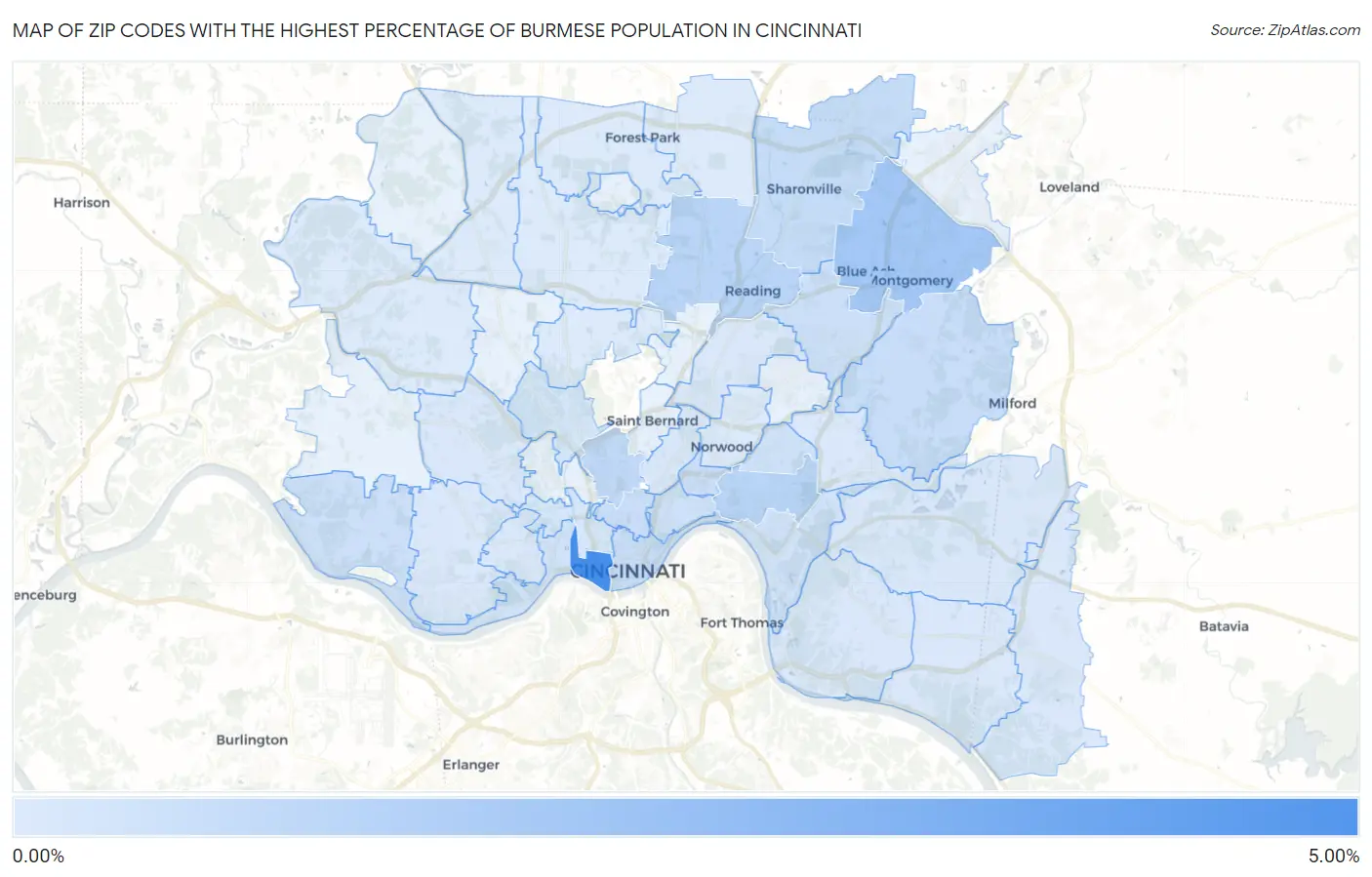 Zip Codes with the Highest Percentage of Burmese Population in Cincinnati Map