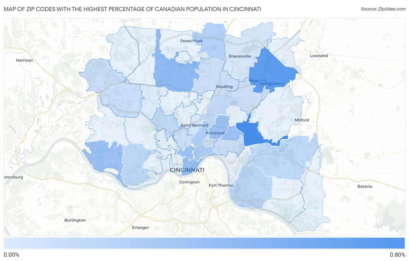 Zip Codes with the Highest Percentage of Canadian Population in Cincinnati Map