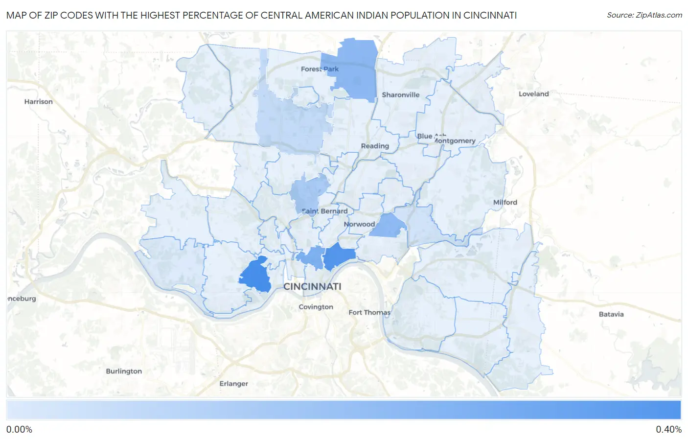 Zip Codes with the Highest Percentage of Central American Indian Population in Cincinnati Map