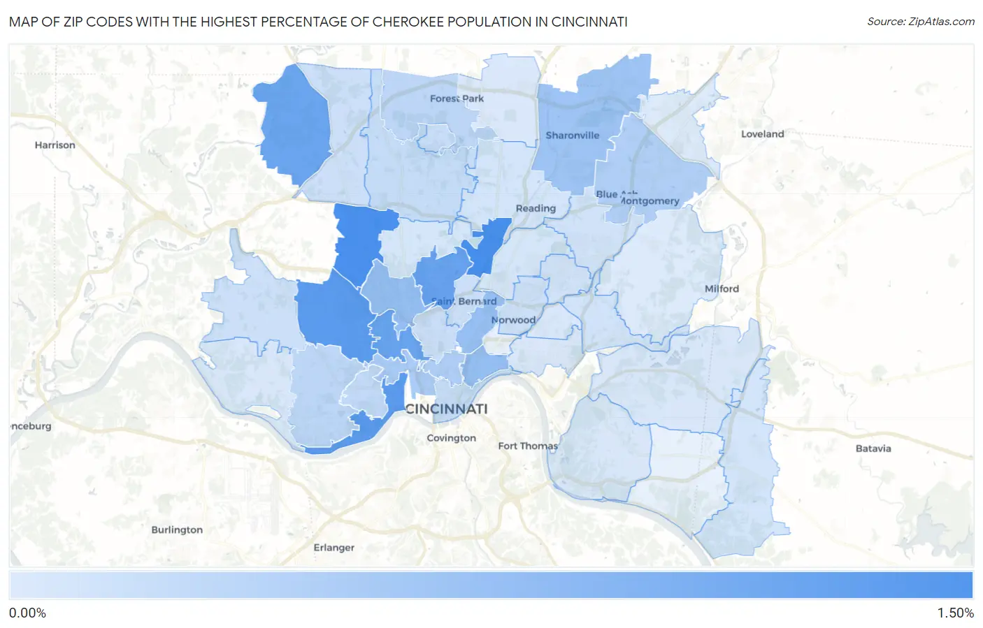 Zip Codes with the Highest Percentage of Cherokee Population in Cincinnati Map
