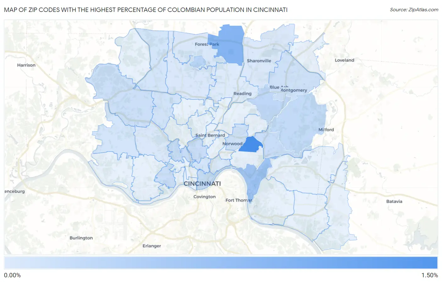 Zip Codes with the Highest Percentage of Colombian Population in Cincinnati Map